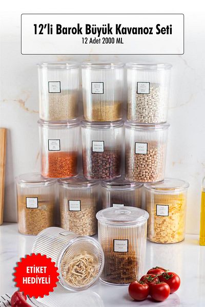 EWs Set of 12 Baroque Round Large Jars - For Storage and Food Container (12*2000 ML)