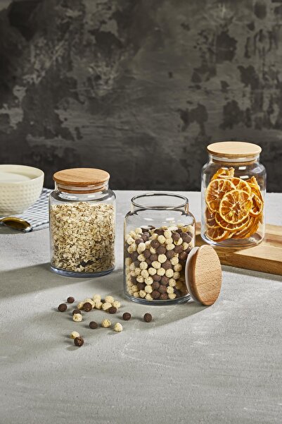 SELKA HOME 3'lü 890 ml Sade Ahşap Kapaklı Cam Kavanoz