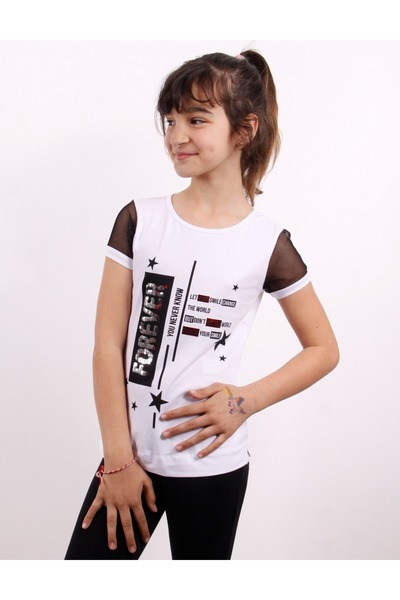 Toontoy Star Printed Girl's T-shirt - Mesh Sleeve Side