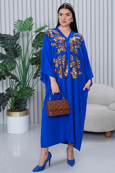 AYASOFYA OTANTIK Rochie de damă Saks albastru cu decolteu în V, cu paiete, broderie, cămașă largi, supradimensionată