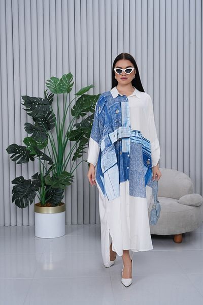 AYASOFYA OTANTIK Women's White Denim Jean Print Oversize Loose Plus Size Shirt Dress
