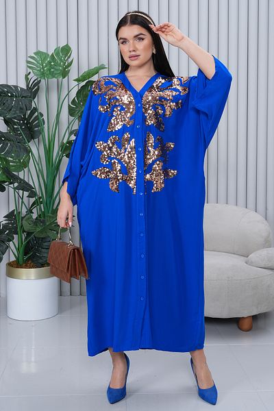 AYASOFYA OTANTIK Rochie de damă Saks albastru cu decolteu în V, cu paiete, broderie, cămașă largi, supradimensionată