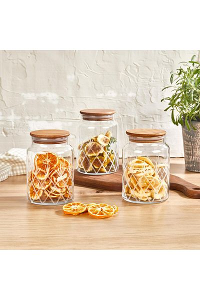 SELKA HOME - برطمان بغطاء خشبي مع 3 قطع مفصلة 890 مل