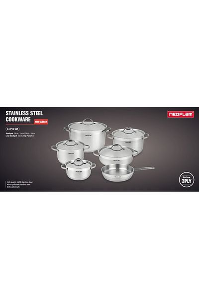 NEOFLAM ,Stainless Steel Cookware Set11pcs,3 Ply(18/10Pots 18,22,24,28+LowPot26cm+Fry24cm)Non-Glossy