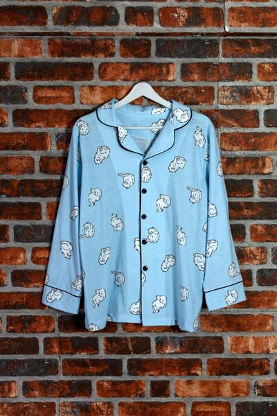 ADEREN KİDS MAVİ BEYAZ KEDİLİ BİYELİ PİJAMA TAKIMI