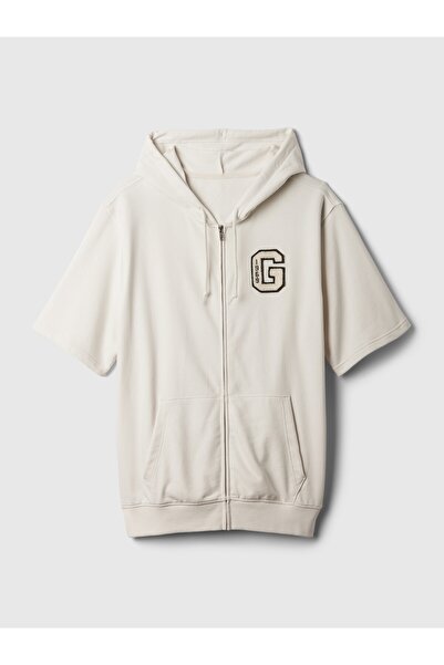 GAP Erkek Kırık Beyaz Logo Fermuarlı Sweatshirt