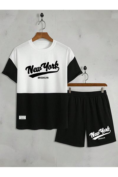 aynewmoda Newyork Brooklyn Printed Short Sleeve T-Shirt and Lace up Waist Shorts - Going Out