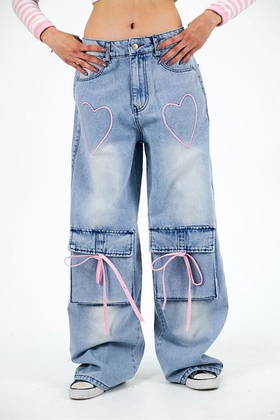 Touz Moda Y2K Ribbon Cargo Pocket Snow Wash Baggy Pants