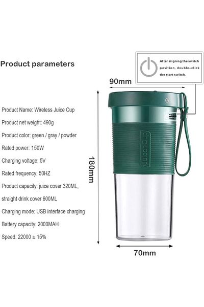 fulina Wireless Rechargeable Juicer With USB 300.0 ml 650.0 W PSZHkc1301 Green/Clear