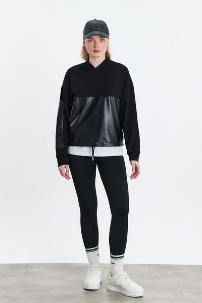 Rays 3012 Kapüşonlu Deri Detay Sweat Siyah