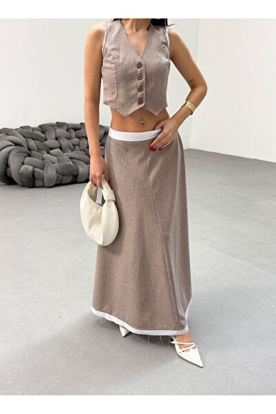 Genel Markalar Kadın Çizgili Garnili Midi Boy Çan Etek Yelek Takım