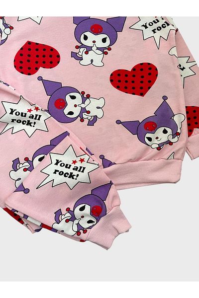 ALİŞ KİDS Girls' Cotton Pink Kuromi Patterned Long Sleeve Seasonal Pajamas Set