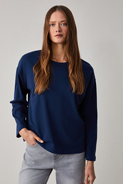 GRIMELANGE Basil Women's Oversize 100% Organic Cotton Knitted Long Sleeve Navy T-Shirt