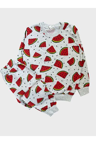 ALİŞ KİDS Girls' Cotton Gray Watermelon Patterned Long Sleeve Seasonal Pajamas Set