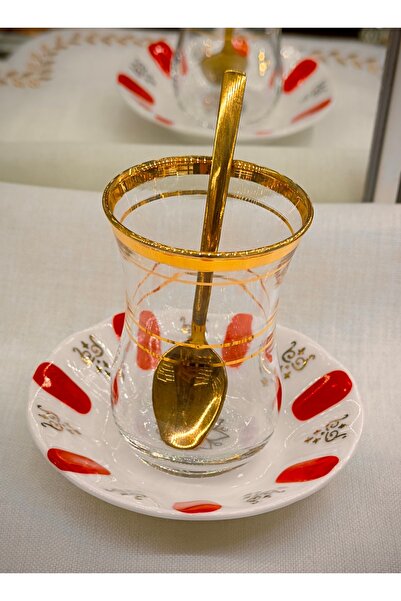 DUKKANI ISTANBUL Paşabahce Red Tea Cup Set for 6 People - Gold Gilded and Spoon