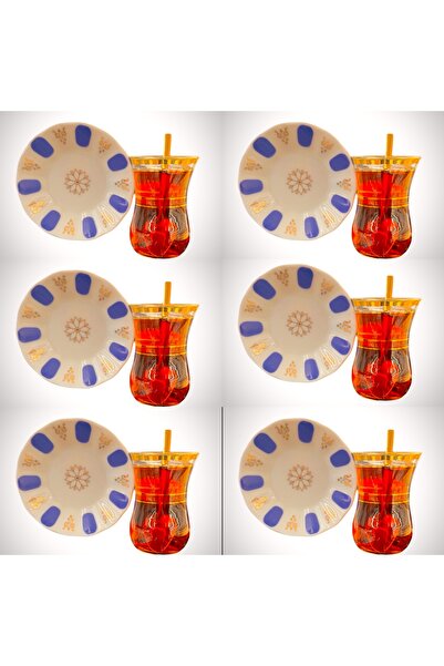 DUKKANI ISTANBUL Novice Blue Tea Cup Set - 6 People, 18 Pieces, with Spoon and Gold Gilded