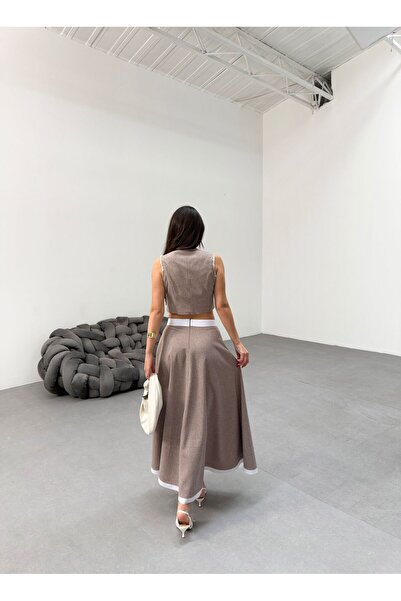 Genel Markalar Kadın Çizgili Garnili Midi Boy Çan Etek Yelek Takım