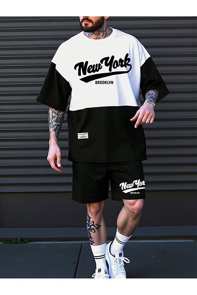 aynewmoda Newyork Brooklyn Printed Short Sleeve T-Shirt and Lace up Waist Shorts - Going Out