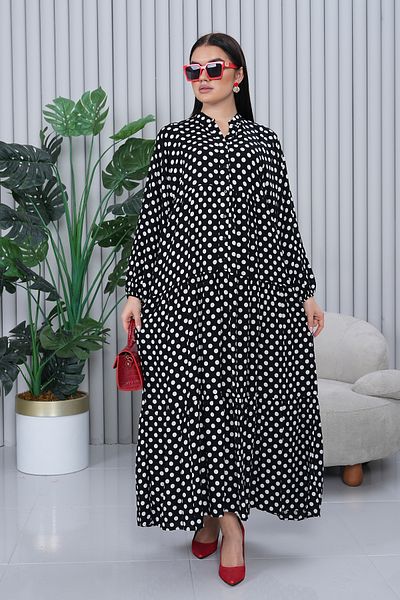 AYASOFYA OTANTIK Women's Black and White Button Detailed Placket Collar Polka Dot Print Loose Balloon Sleeve Long Dress