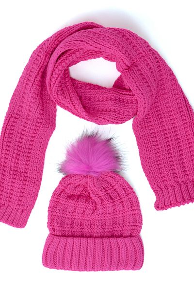 Oppland Set de beretă și eșarfă cu pompon gros de iarnă pentru femei, din bumbac, pliat, elastic, rezistent la vânt