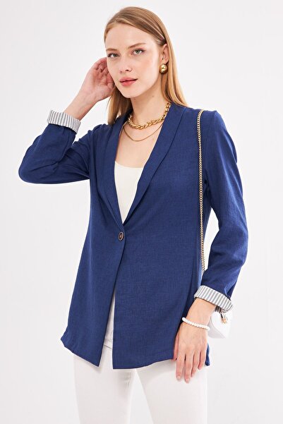 armonika Women's Navy Blue Inside Sleeve Striped Single Button Jacket ARM-22K001122
