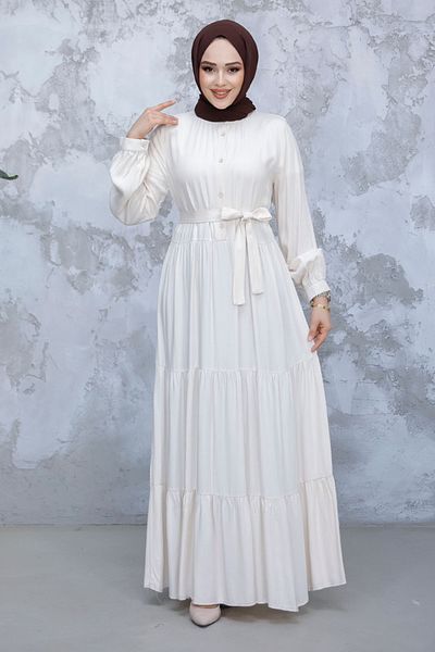 Neva Style Beige Hijab Dress - Layered Pleated, Model 22042Beige