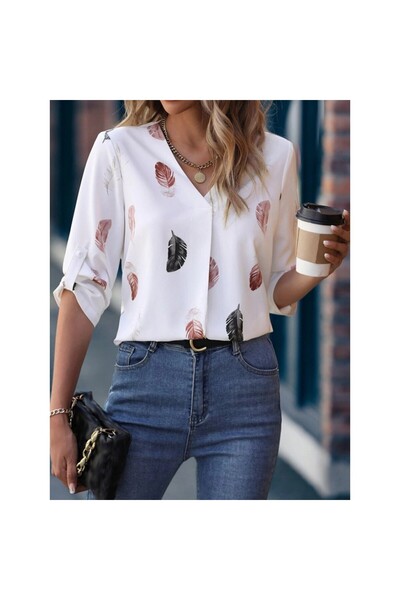 JANES YAPRAK BASKILI AYARLANABİLİR BEYAZ GÖMLEK BLUZ