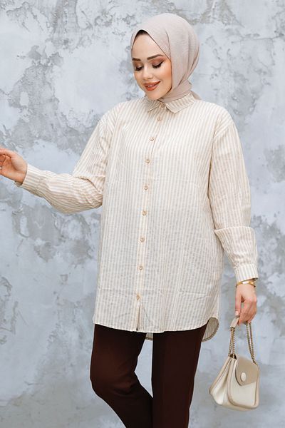 Neva Style Cămașă cu dungi Hijab bej - 52291BEJ