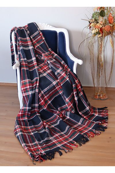 BARANO YUSSİ Cotton Blanket Double Navy Blue Plaid Soft Waffle Honeycomb Textured Room Blanket 180x220cm