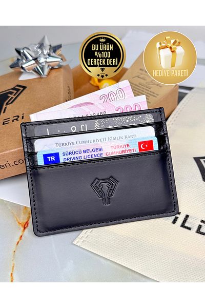 Fil Deri Premium Γνήσιο Δερμάτινο Ανδρικό-Γυναικείο Πορτοφόλι Λεπτό Μαύρο Πορτοφόλι με Ειδικό Κουτί