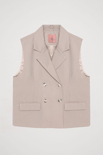 Quzu Beige Double Breasted Collar Buttoned Vest Jacket