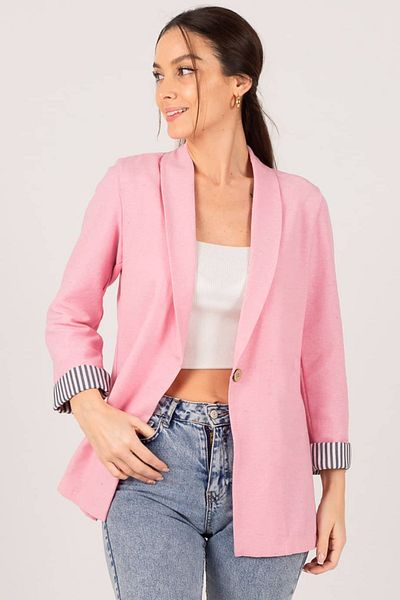 armonika Dámská růžová pruhovaná bunda na jeden knoflík s rukávem ARM-22K001122