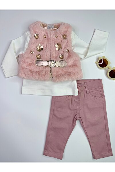 Yollo Kids 3-Piece Baby Girl Set with Floral Plush Vest and Elastic Waist Pants