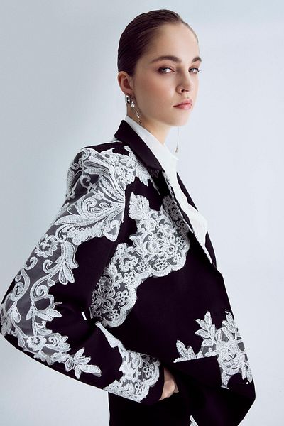 its basic Women's Black Color Lace Double Breasted Design Jacket