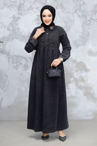 Neva Style Rochie Hijab din Denim cu nasturi de culoare antracit - 19138ANT