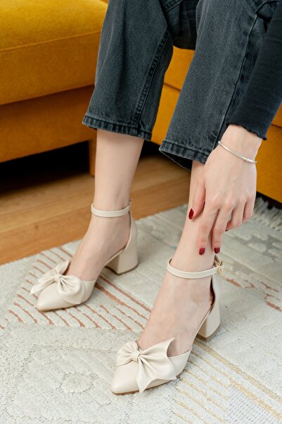 DİVOLYA Toli Beige Leather Bow (5 cm Heels) Daily Use Shoes