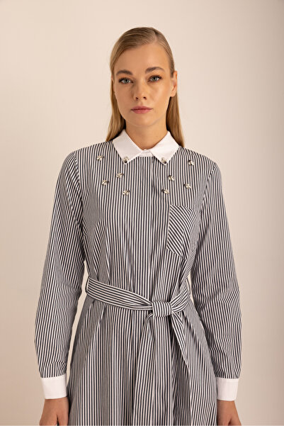 Aker Lacivert Çizgili Cotton Işleme Detaylı Elbise