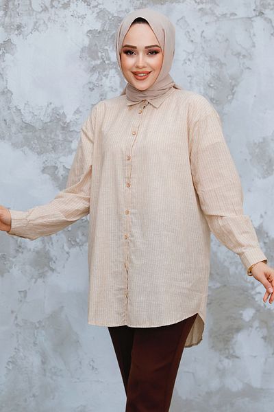 Neva Style Cămașă cu dungi Hijab bej - 52292BEJ