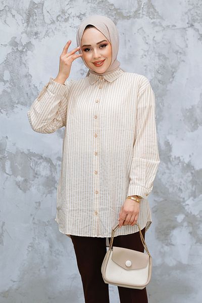 Neva Style Cămașă cu dungi Hijab bej - 52291BEJ
