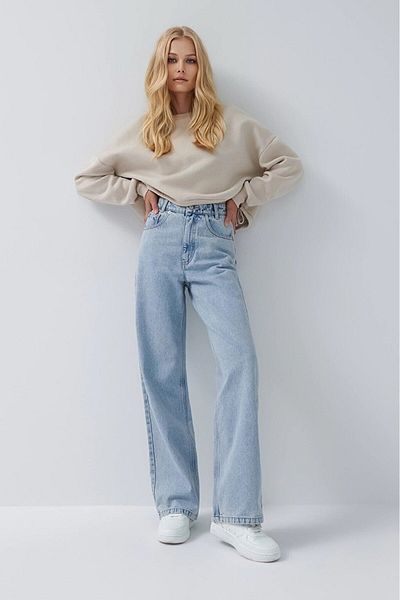 LİMABEL Gizem Milano - Love Jasmin Julia Anii 90 Blue Lycra Blugi largi cu talie super înaltă