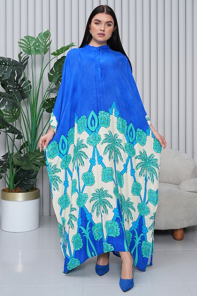 AYASOFYA OTANTIK Rochie de damă Saks albastră cu decolteu în V cu model oversize cămașă lejeră