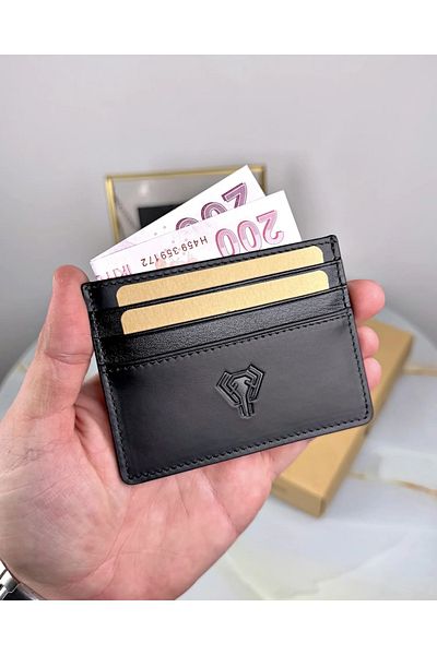Fil Deri Premium Γνήσιο Δερμάτινο Ανδρικό-Γυναικείο Πορτοφόλι Λεπτό Μαύρο Πορτοφόλι με Ειδικό Κουτί