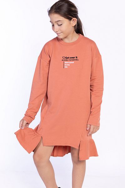 Toontoy Girl's Crew Neck Slit Ruffle Detailed Embroidered Dress