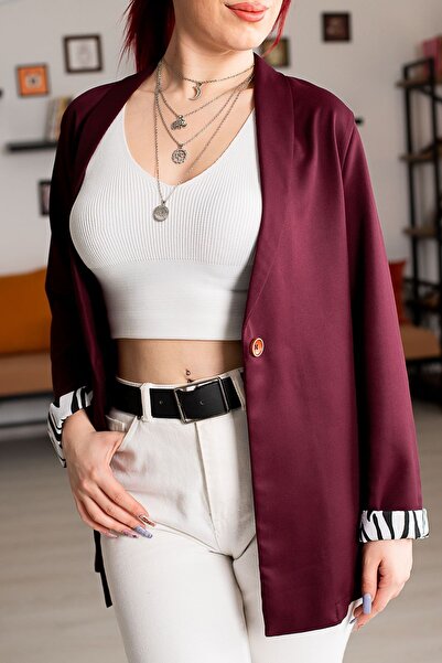 armonika Γυναικείο μανίκι δαμασκηνί Λεοπάρ μπουφάν με μονό κουμπί-23y001024