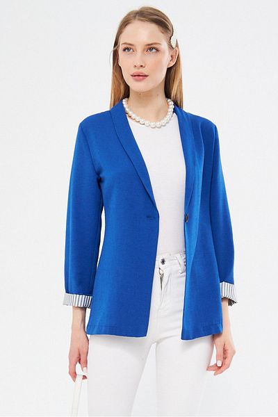 armonika Women's Saks Sleeve Striped Single Button Jacket ARM-22K001122