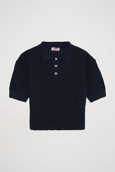Quzu Polo Neck Perforated Thin Knitwear Navy Blue