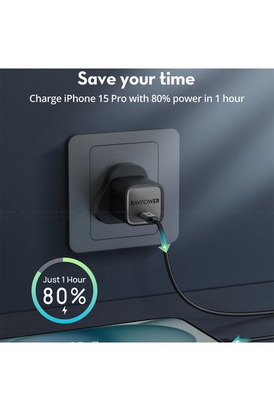 RavPower شاحن حائط GaN PD بقوة 20 واط مع منفذ واحد + كابل C-C (RP-PC1055+RP-CB1021)