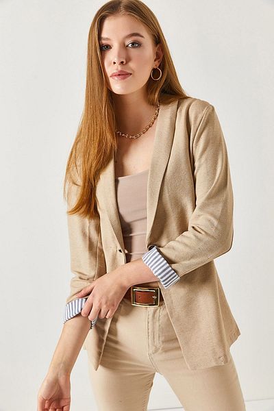 armonika Dámská proužkovaná bunda s jedním knoflíkem s norkovým rukávem ARM-22K001122