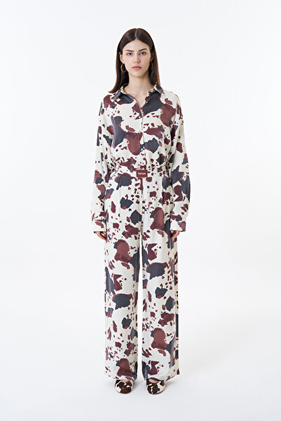 Quzu Leke Desenli Geniş Paça Pantolon Ekru