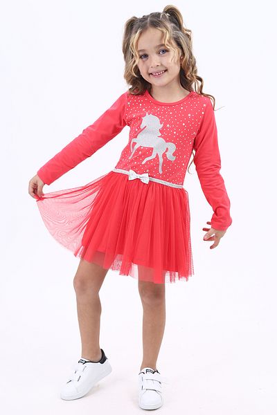 Toontoy Girl's Stone Embroidered Tulle Detailed Unicorn Printed Dress